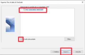 esporta archivio mail pec legalmail infocert outlook backup