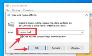 gestione attività powershell menu start windows 10