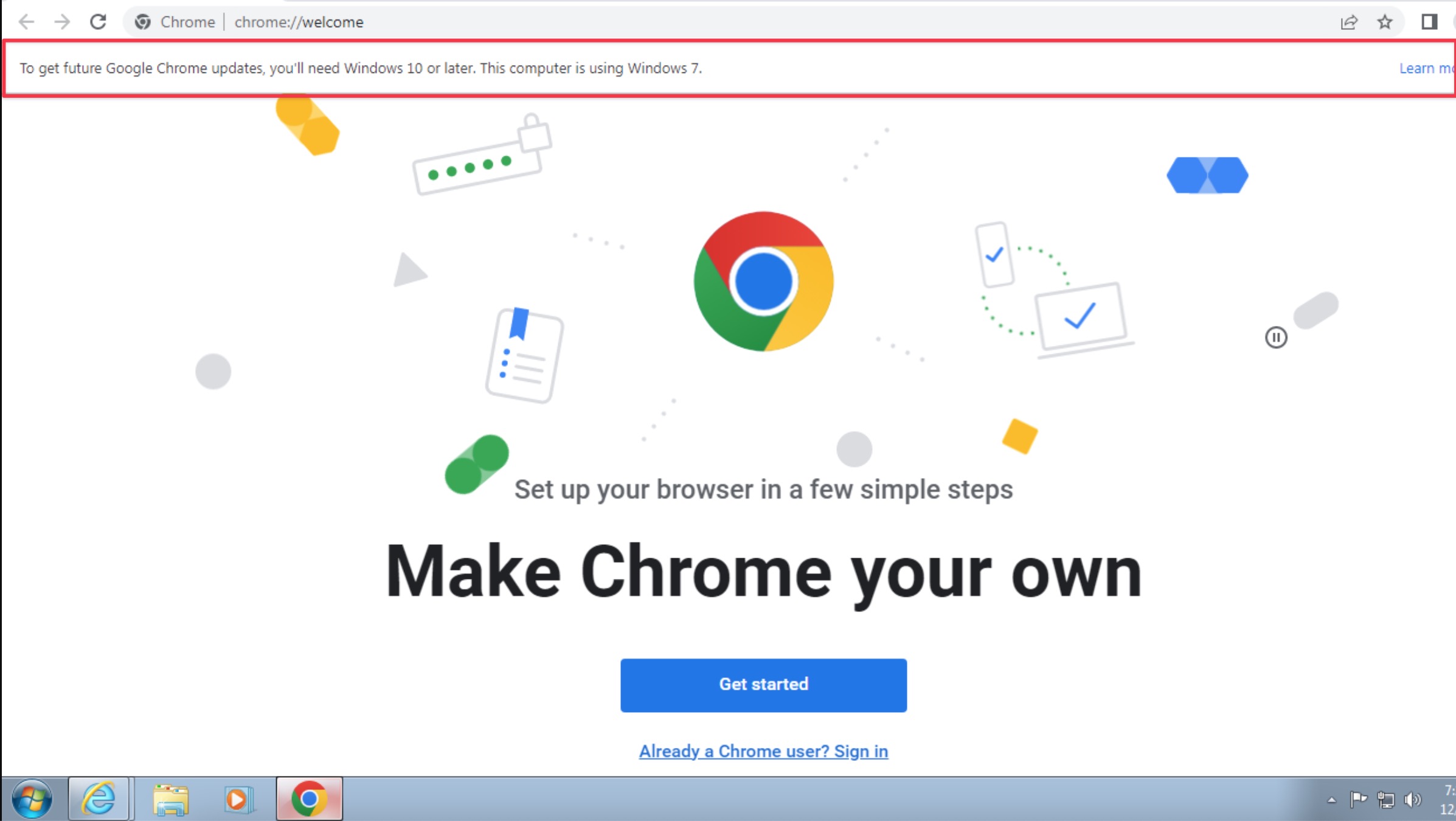 rimuovere avviso aggiornamenti futuri google chrome windows7