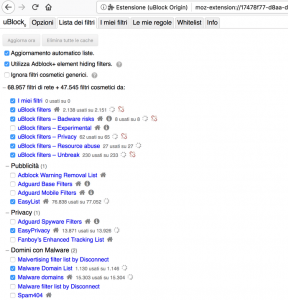 ublock lista filtri anti pubblicità internet